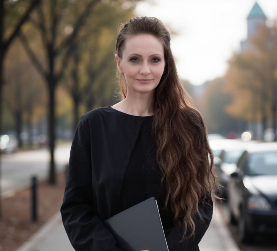 Tina draußen mit Laptop